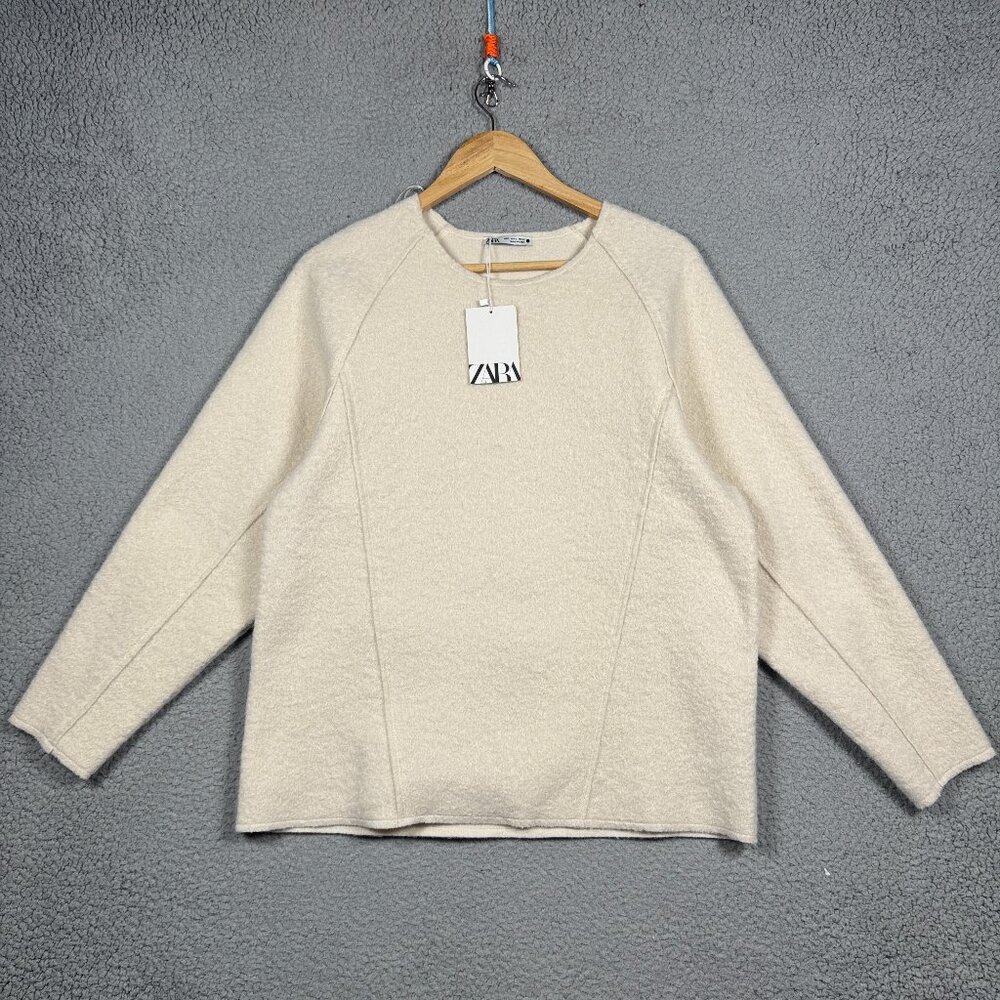 Zara Sweatshirt Womens Size Small Ecru Cream Boucle‎ Mid Oversized Boat Neck NWT
